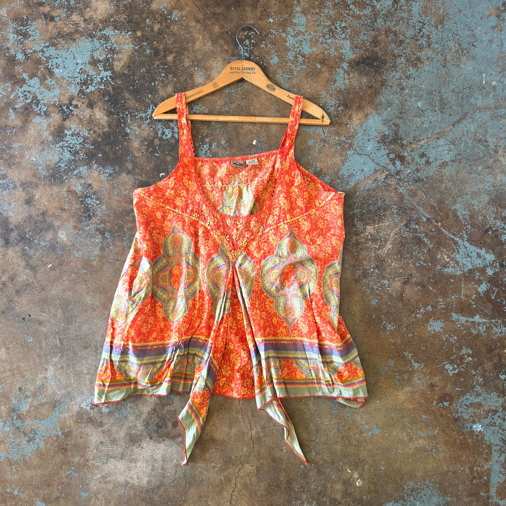 Vintage Y2K Boho Top Size XL Sleeveless Whimsigoth Orange Paisley Beads Festival